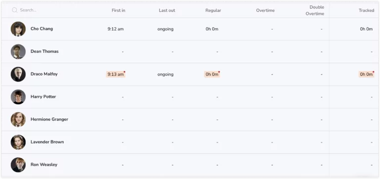 Daily team timesheets updated in real-time and shown as a red indicator when new time entries are added