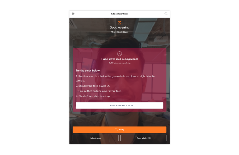 Face data not recognised on kiosk
