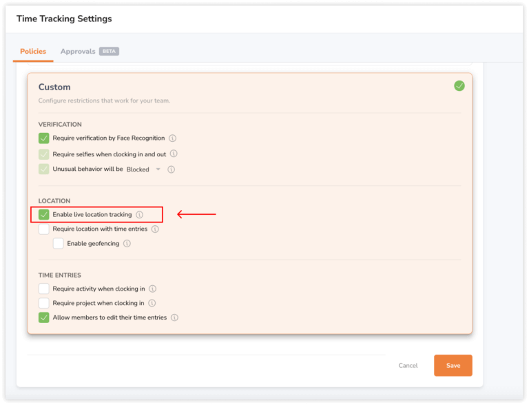 Enable live location tracking setting under custom time clock restrictions