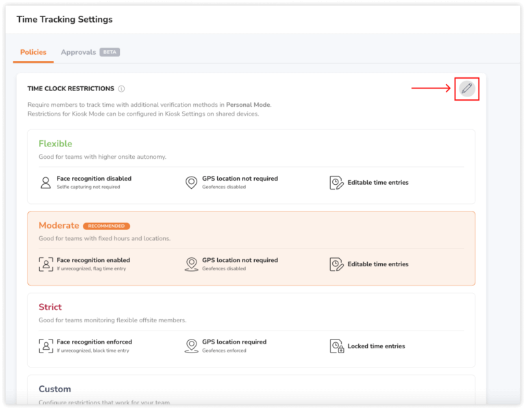 Pencil icon to edit time clock restrictions