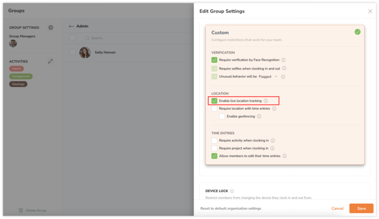 Advanced group settings to enable live location tracking