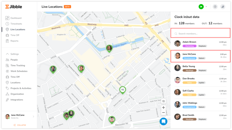 Searching for members on live location map