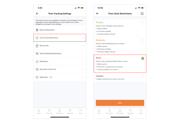 Enabling strict time clock restrictions on the mobile app