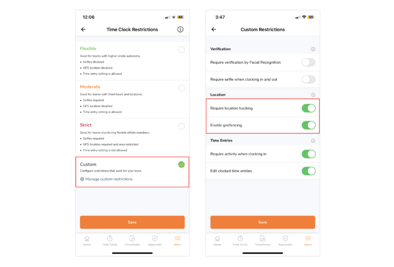 Enabling custom time clock restrictions on the mobile app