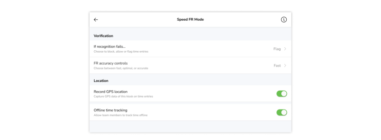 Kiosk speed face recognition mode settings