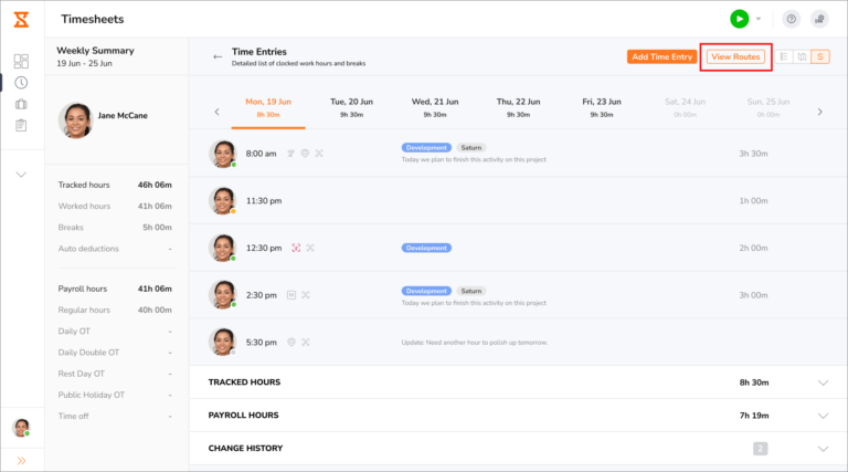 View routes button on a member's detailed timesheet