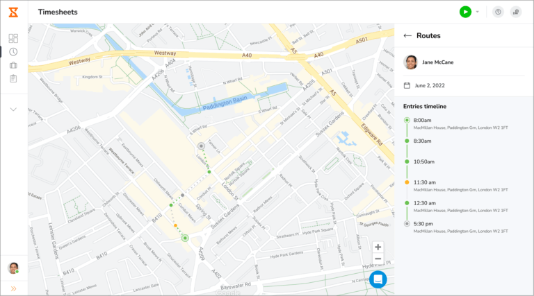 Travelled routes displayed on timesheets