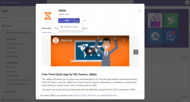 Add Jibble Bot to a Microsft Teams team