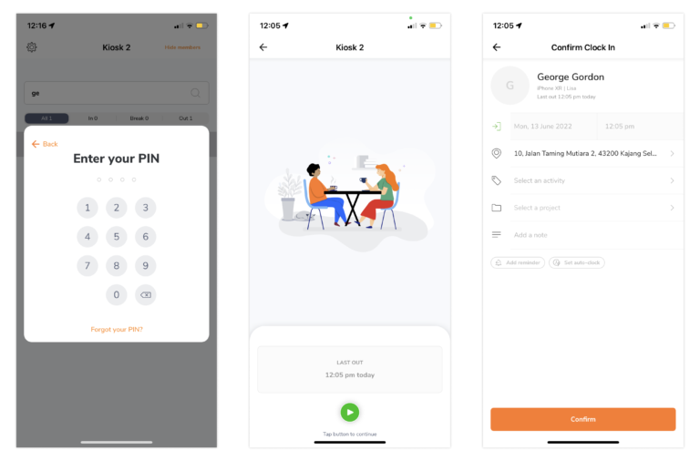 Clocking in via kiosk with pin verification