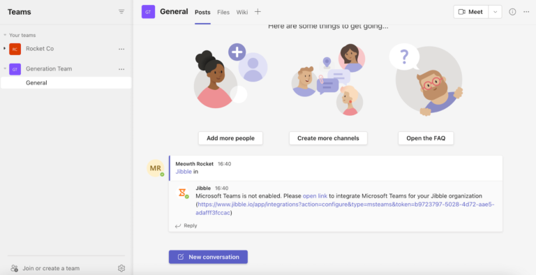 Once the bot has been set up, send an @Jibble command to the bot to generate a link to integrate MS Teams for your Jibble organization.