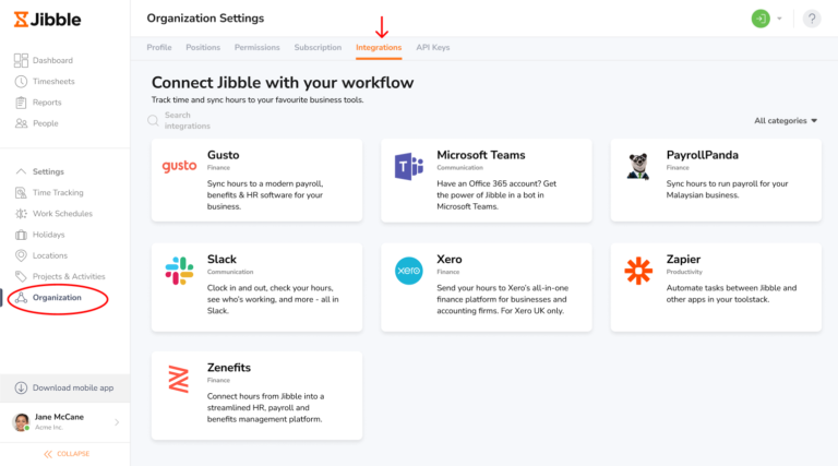 Jibble integrations tab