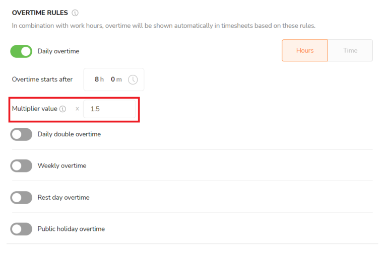 Set your multiplier value. Value entered will be applied to overtime hours beyond prescribed threshold (as selected in Step 4).