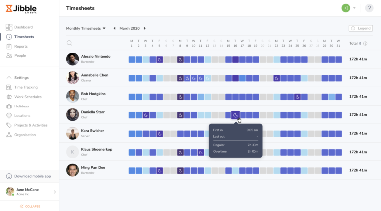 Viewing overtime on the timesheets