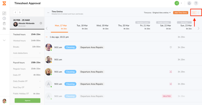 The daily pay period timesheet is displayed with a breakdown of time entries, tracked hours, and payroll hours.