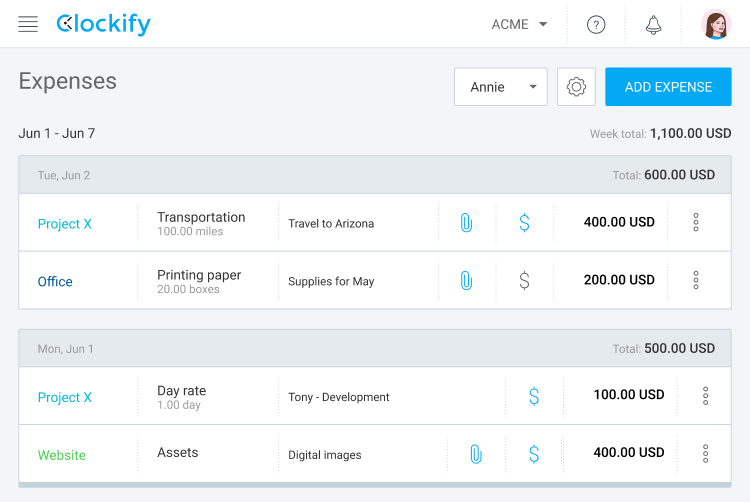 Project expenses in clockify