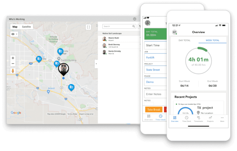 Mobile app showing timecard displaying location