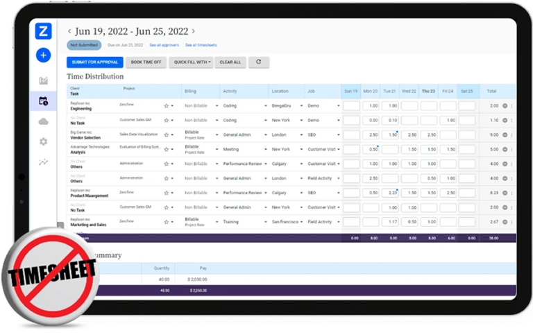 Replicon's homepage layout showing time distribution