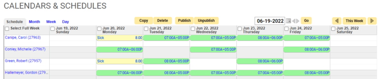 Employee calendar and schedule showing.