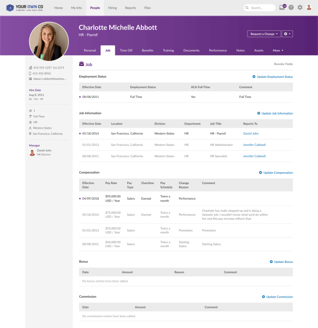 Employee Profile showing details like name, job information and compensation