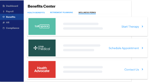 Benefits center showing different insurance options