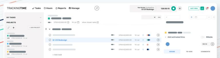 Dashboard showing time tracked and reports 