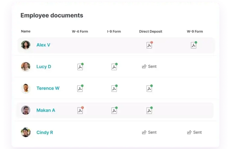 List displaying every employees documents labelled.