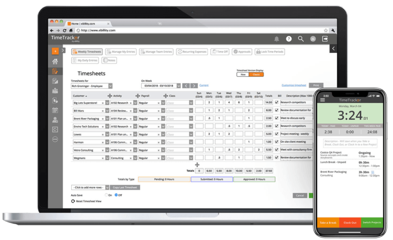 Time tracking interface on web and mobile