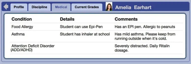 Medical record for student management using Gradelink