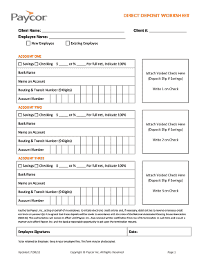 Paycor's direct deposit worksheet