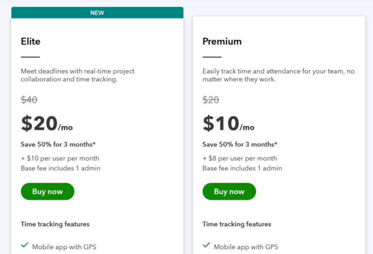 A page displaying the pricing plans for QuickBooks Time.