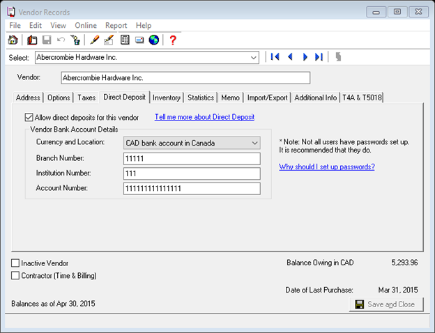 A window to enter direct deposit's detail