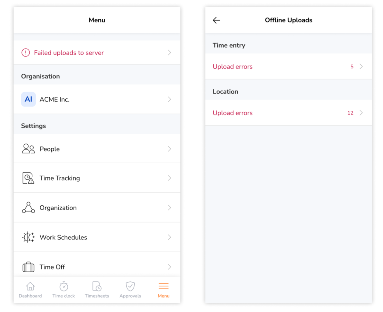 Time entry error uploads on menu screen on the mobile app