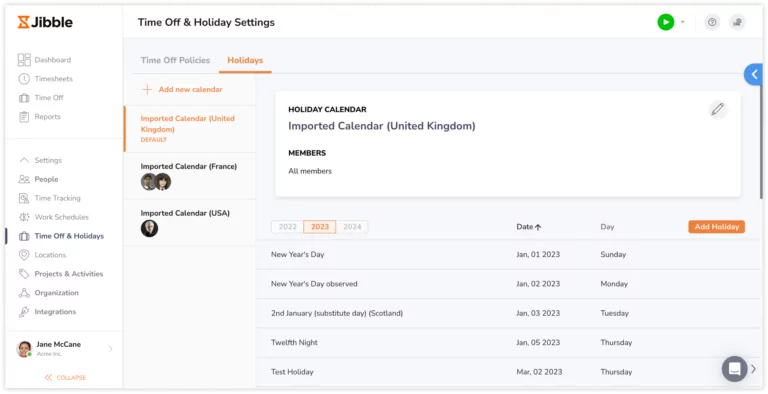 Public holiday calendars on holiday settings tab