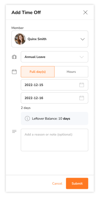 Leftover leave days balance shown on add time off screen